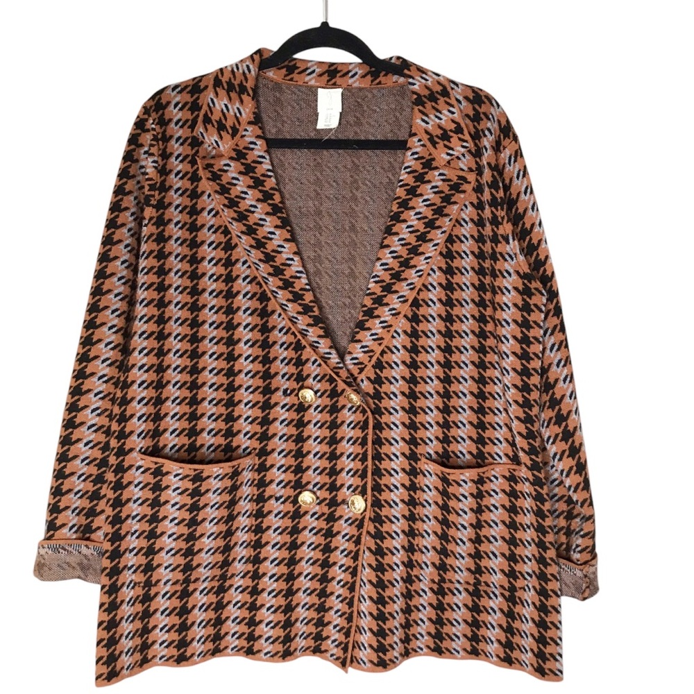 Size XL Joie Houndstooth Knit Blazer Jacket Double Crested Casual Gold Buttons